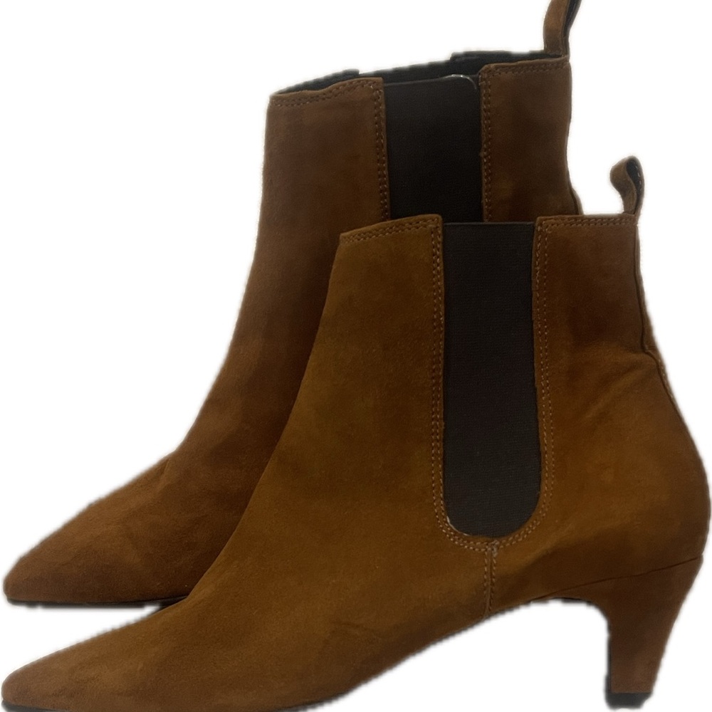 Warm Brown Suede Ankle Booties with Rounded Toe - Picture 2 of 4